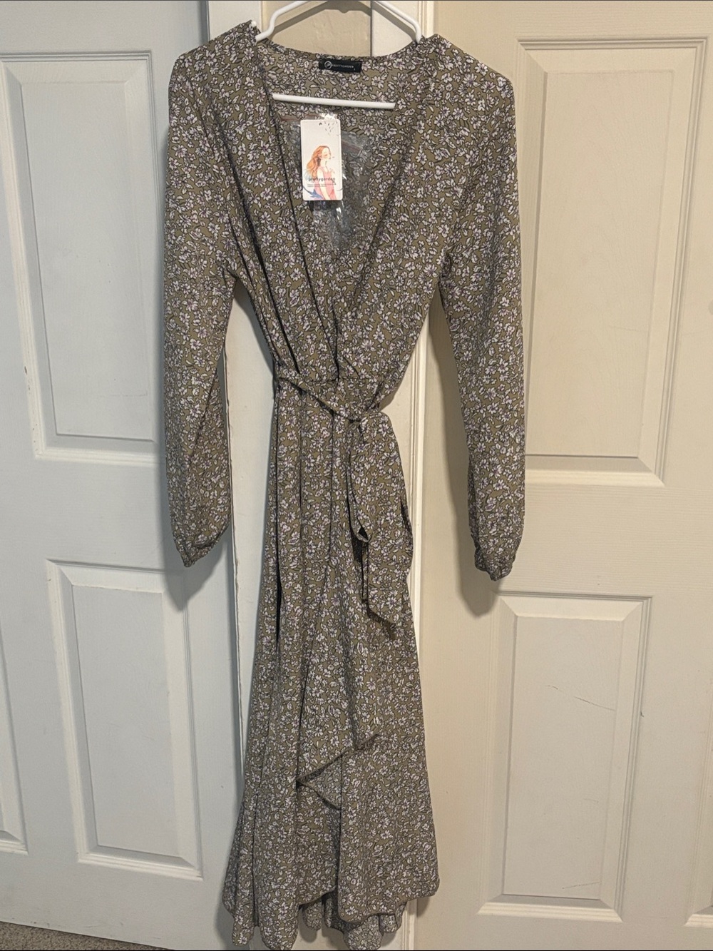 Long-Sleeve Olive Floral Wrap Dress with Tie Waist